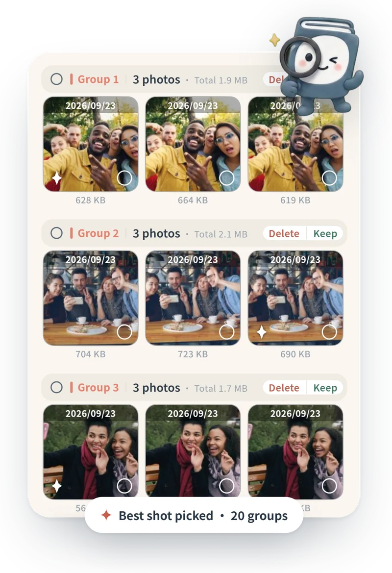 Similar photos: bursts and retakes grouped, with dates and sizes