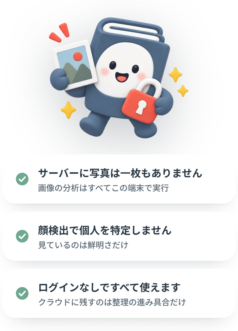 プライバシー：サーバーに写真は一枚もなし、顔検出で個人を特定しない、ログインなしですべて使える