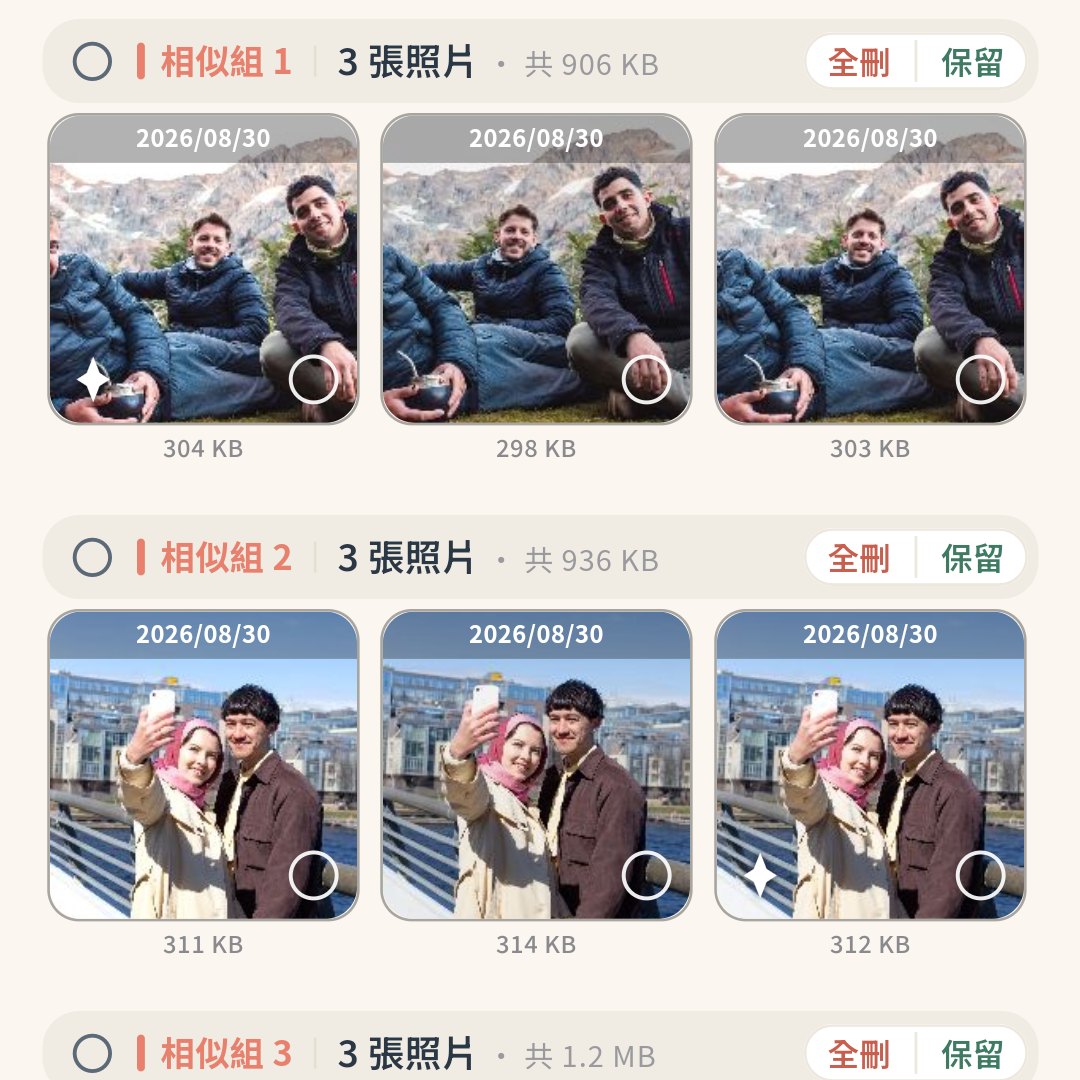 相似照片畫面：連拍排成一組，標好日期與大小