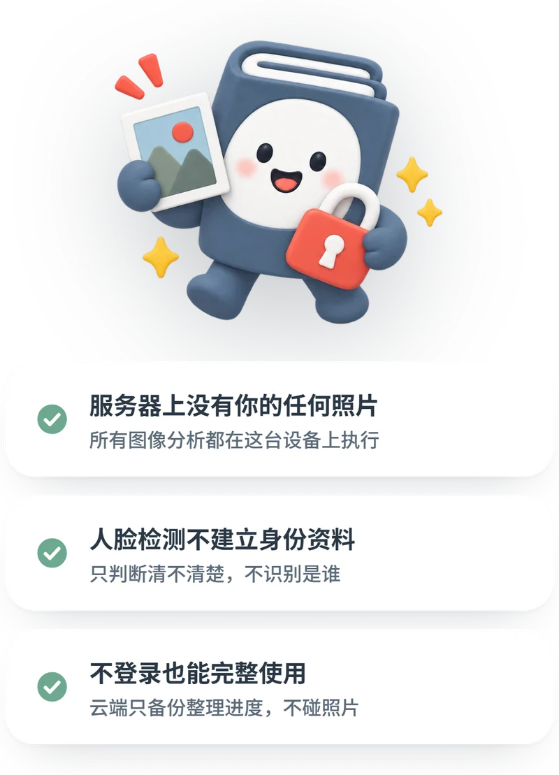 隐私：服务器上没有你的任何照片、人脸检测不建立身份资料、不登录也能完整使用